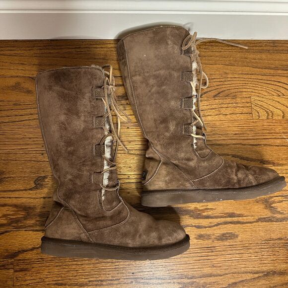 UGG Whitley Tall Brown Suede Boots Lace Up Sheepskin Wool Lining Size 7 Clean - Picture 3 of 9